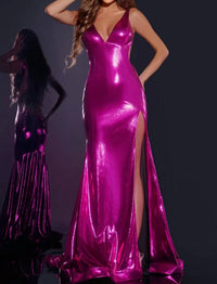 Jovani - V-neck Gown With High Slit And Open Back
