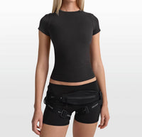 NikeSKIMS Ribbed Seamless Short Sleeve Top in nskm obsidian nskm armor - women's t-shirt - detail view