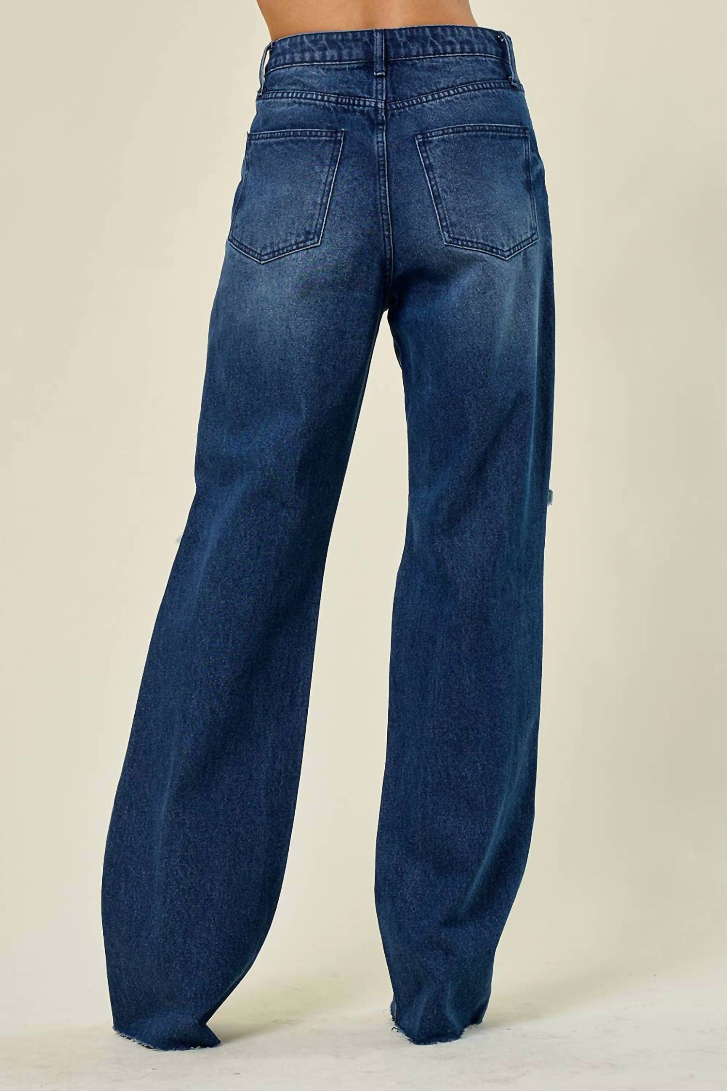 Saints & Hearts Daria Wide Leg Busted Knee Jeans in dark denim - women's pants - detail view