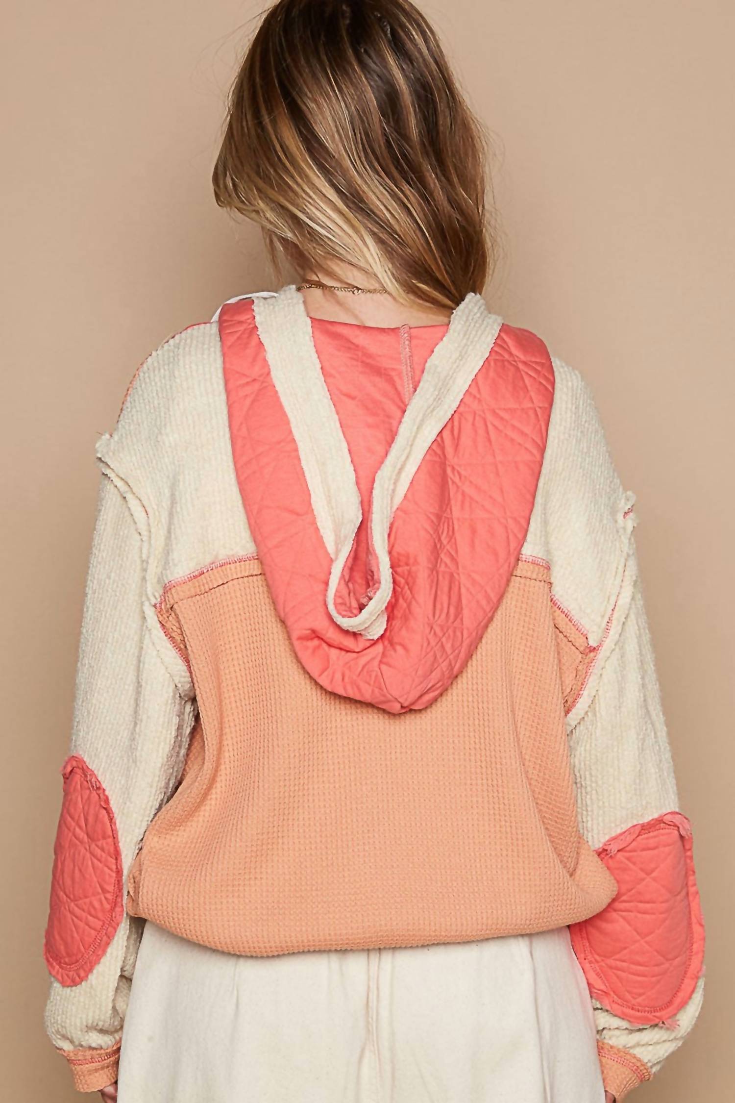 Pol - Mixed Fabric Hooded Button Down Shacket