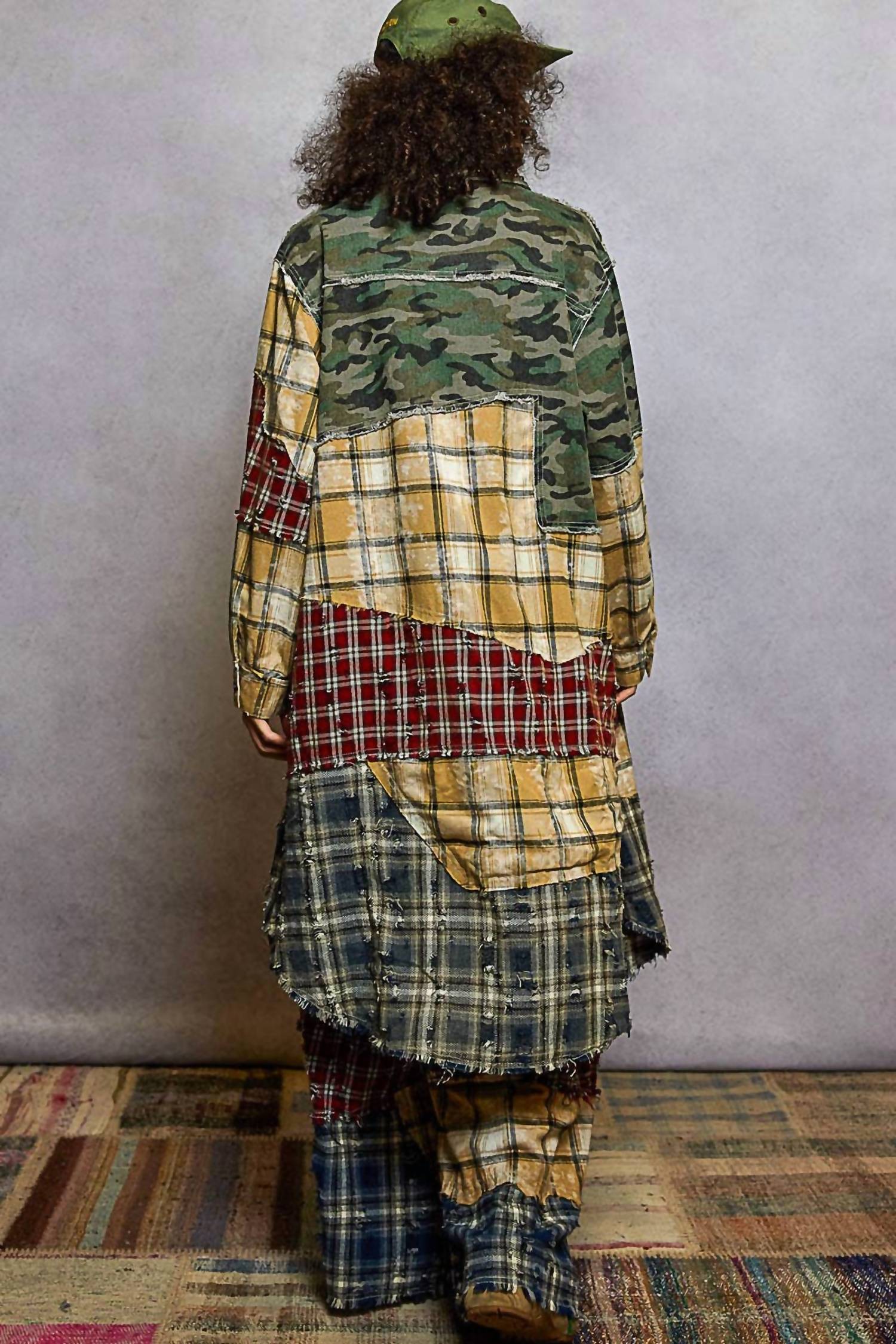 Pol - Plaid Woven Varied Patchwork Maxi Shirt Jacket