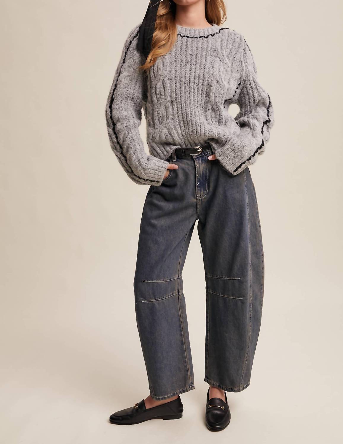 Listicle - Contrast Stitch Cable Knit Sweater