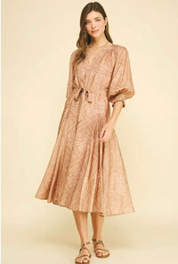 PINCH Geometric Print V-Neck Midi Dress in brown - women's dress