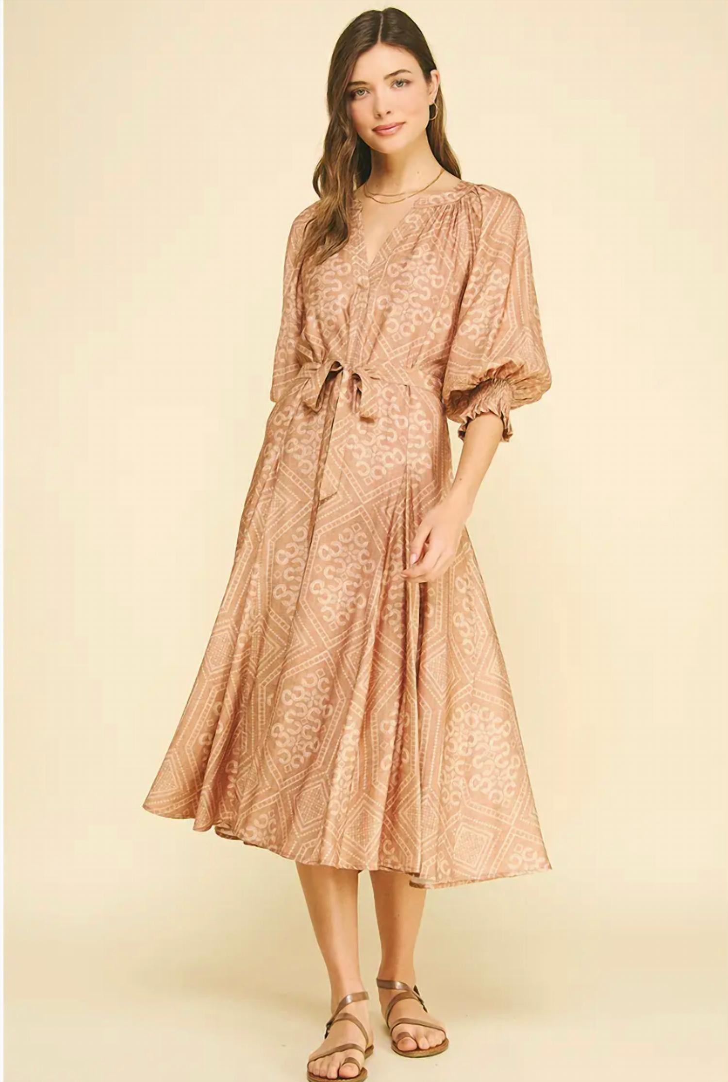 PINCH Geometric Print V-Neck Midi Dress in brown - women's dress