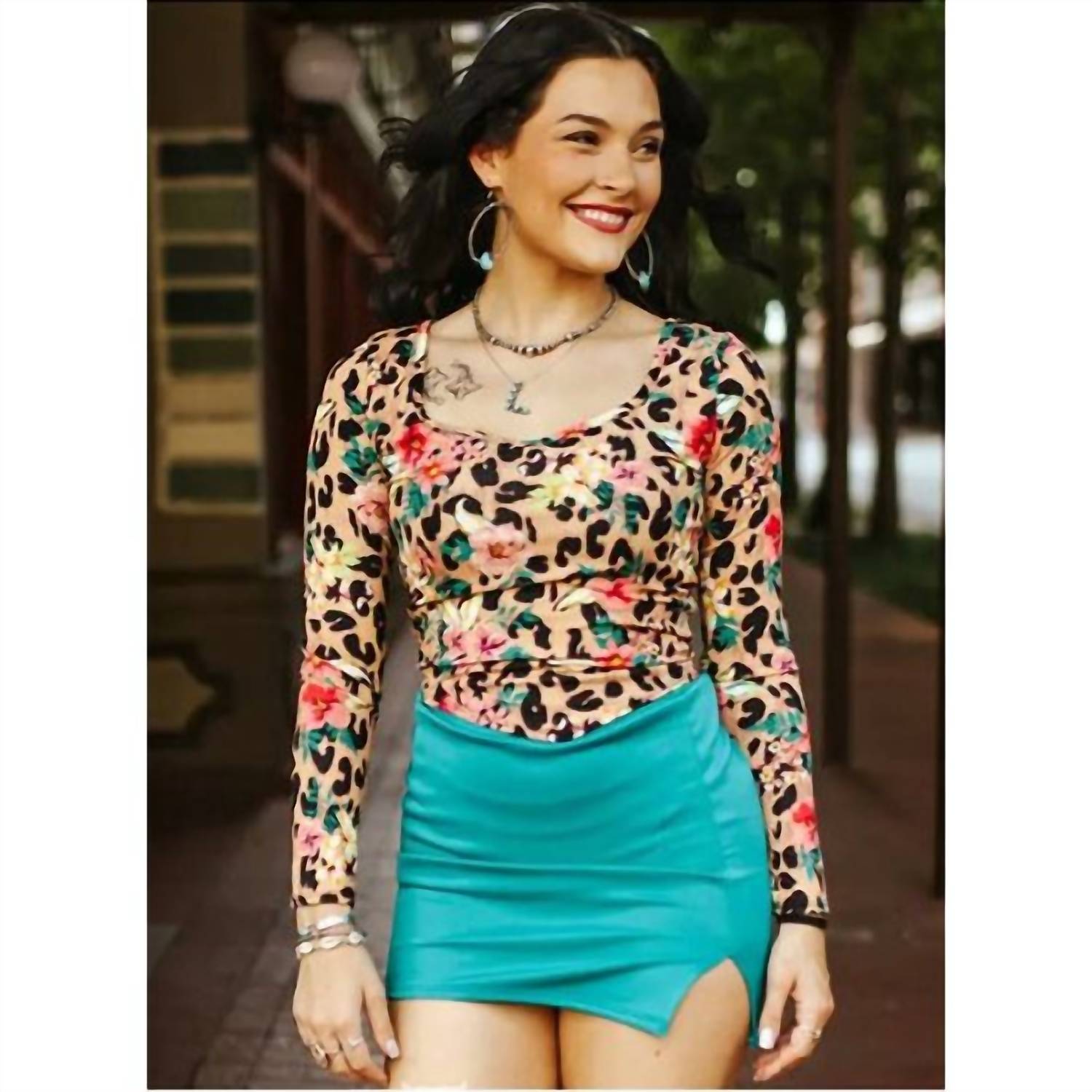 Lucky & Blessed - Leopard & Floral Ribbed Long Sleeve Top