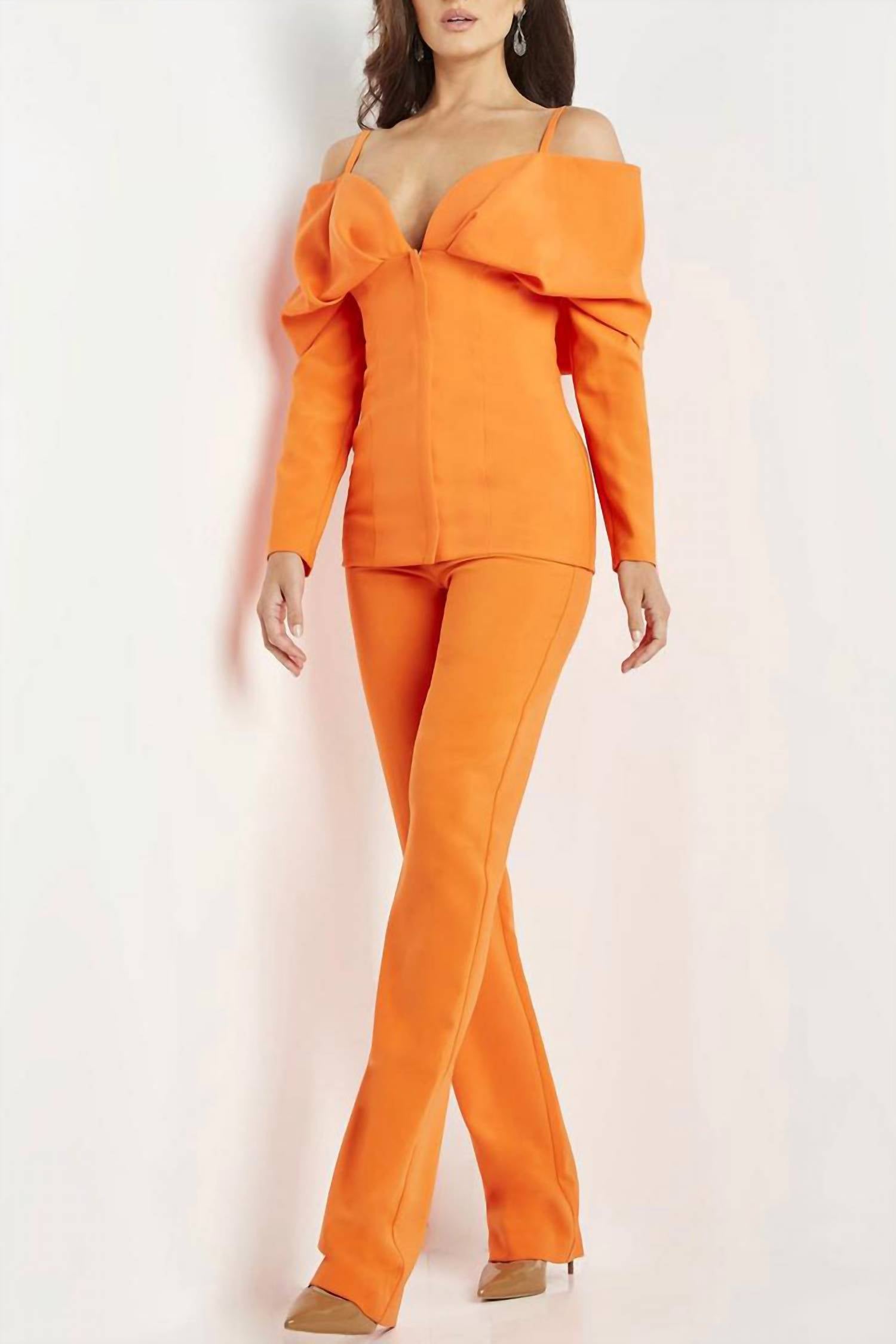 Jovani - Cold Shoulder Solid Scuba Crepe Evening Pant Suit Set