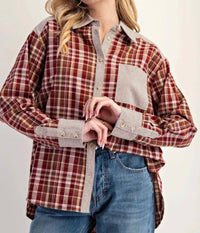 Ee:Some - Women's Striped Color Block Long Sleeve Flannel Top
