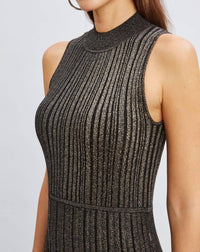 Tahari - Metallic Mock-neck Pleated Fit & Flare Dress