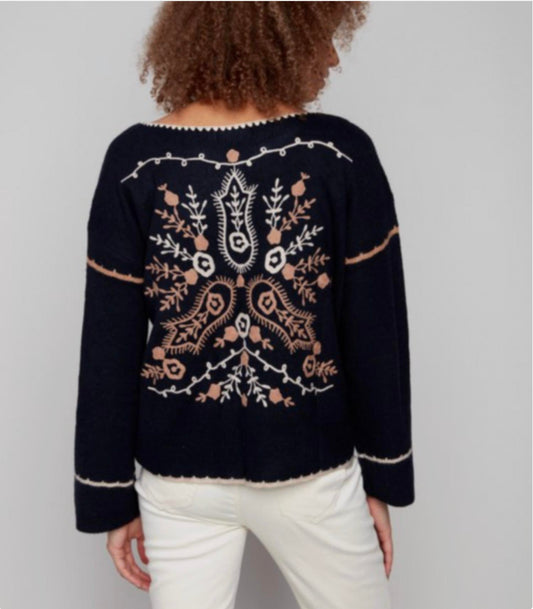 Charlie B - Embroidered Ribbed Sweater With Notch Neck