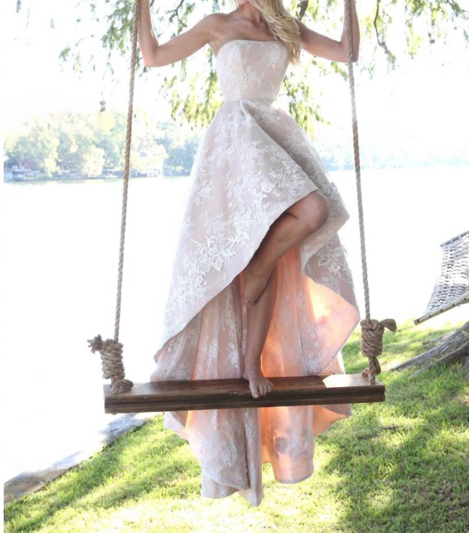 Sherri Hill Lace Floral Embroidered High Low Gown in ivory - women's dress - detail view
