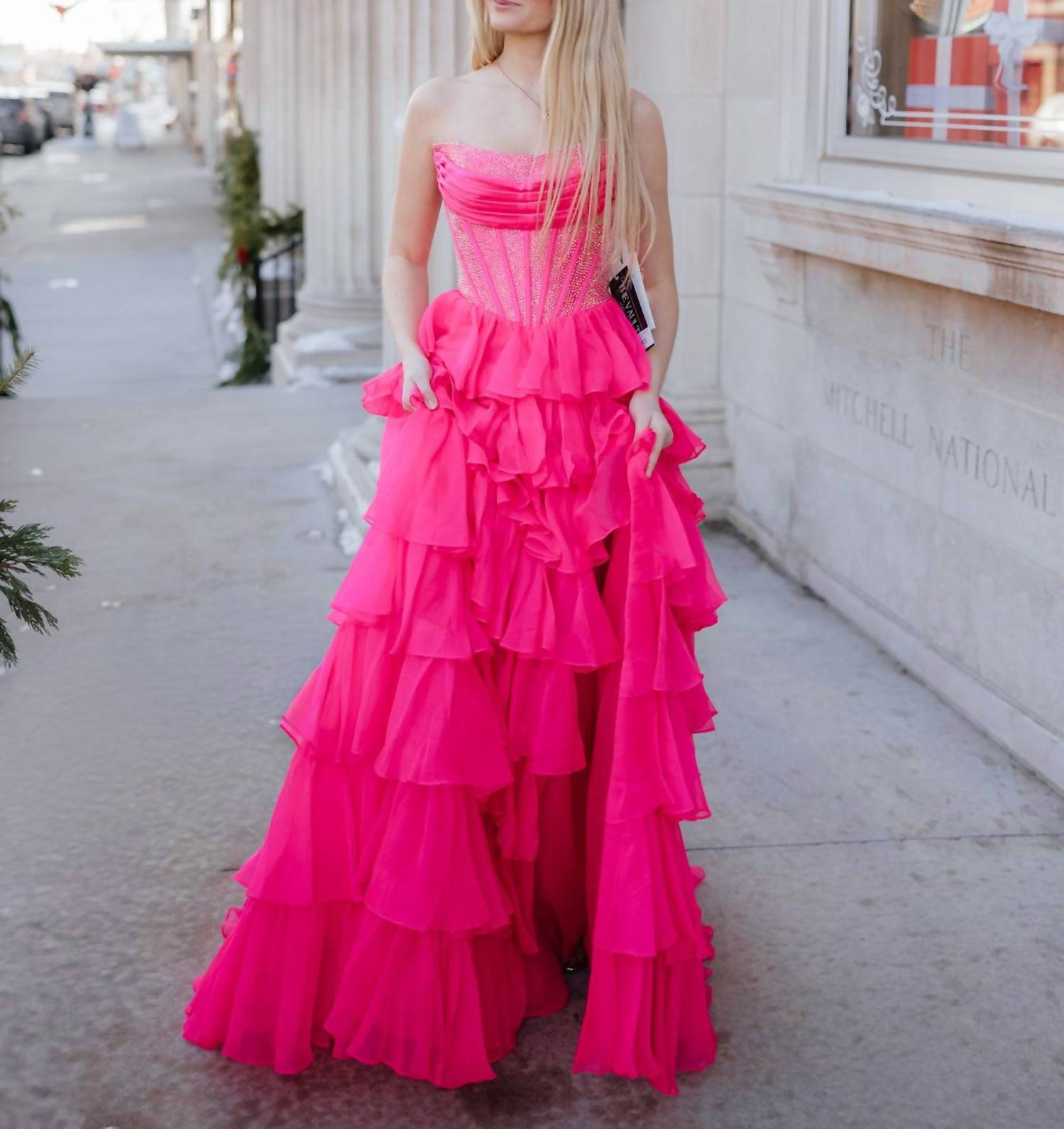 Sherri Hill Women's Prom Dress in bright pink - women's dress - detail view