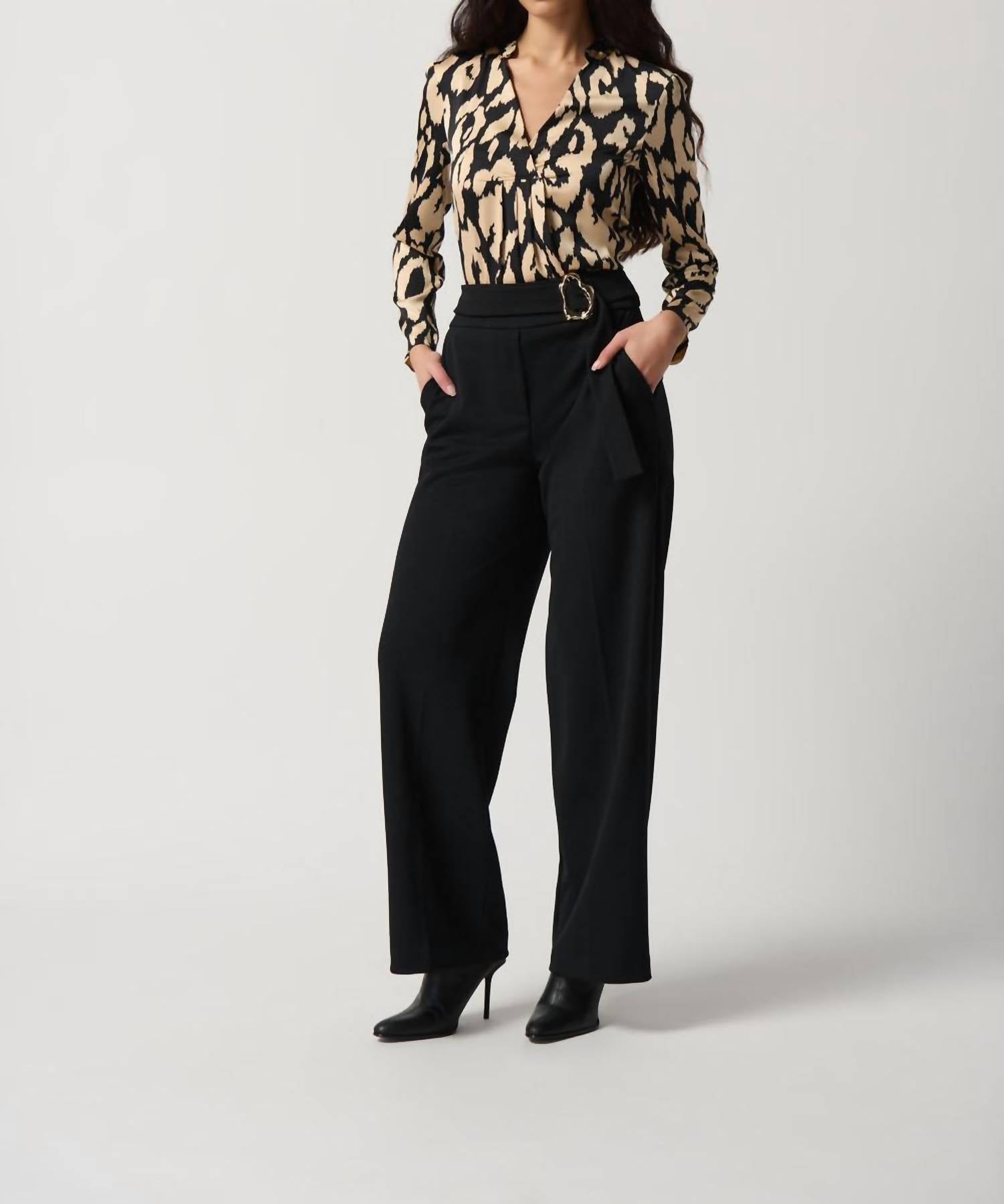 Joseph Ribkoff Solid Belted Wide Leg Pant in black - women's pants - view 4