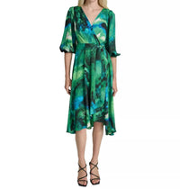 DKNY Women's Printed Sash-tie V-neck Elbow-sleeve Midi Dress in green - women's dress