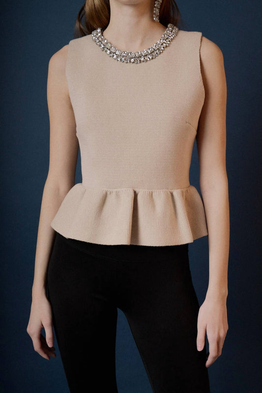 Endless Rose - Jewel Trim Keck Peplum Knit Top