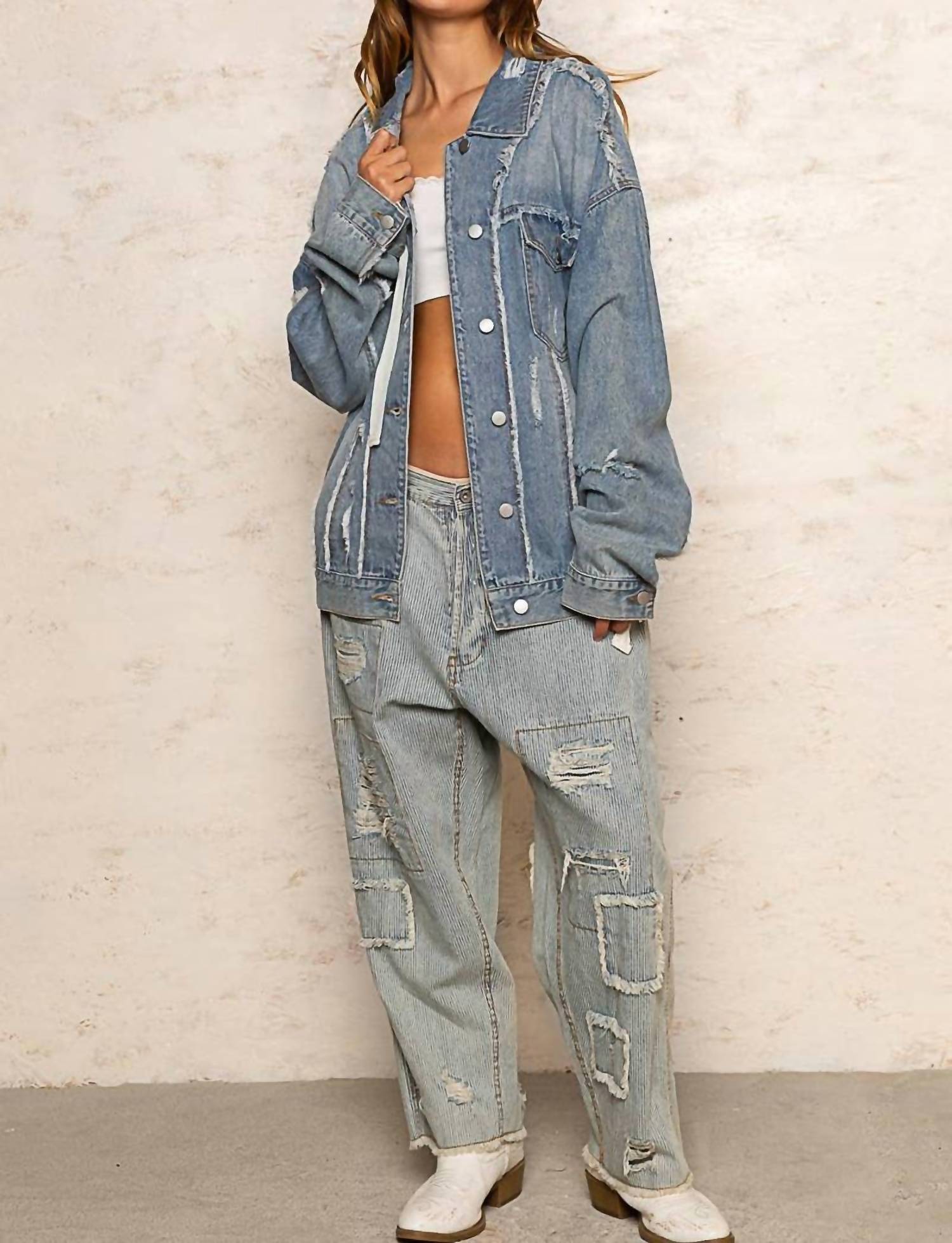 POL Remma Oversize Patch Detail Frayed Edge Jacket in light denim - women's jacket