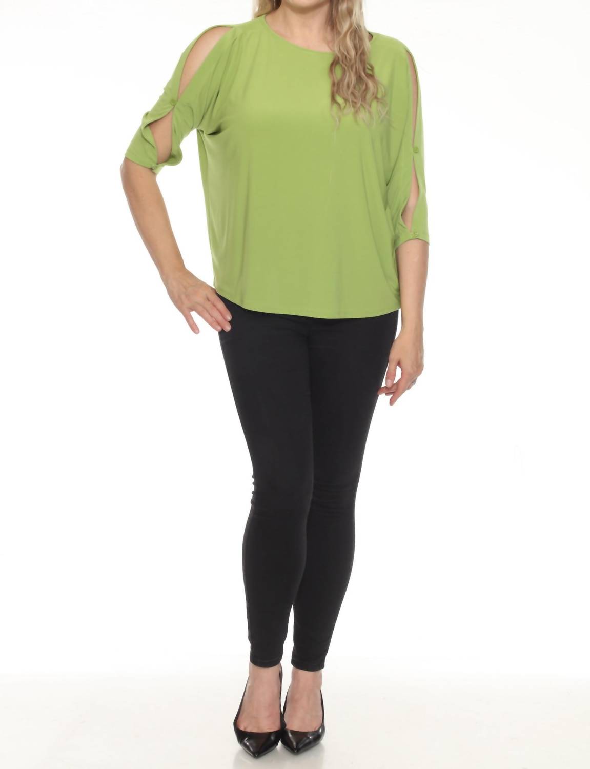 Joseph Ribkoff Boat Neck 3/4 Slit Sleeve Top in greenery - women's shirt