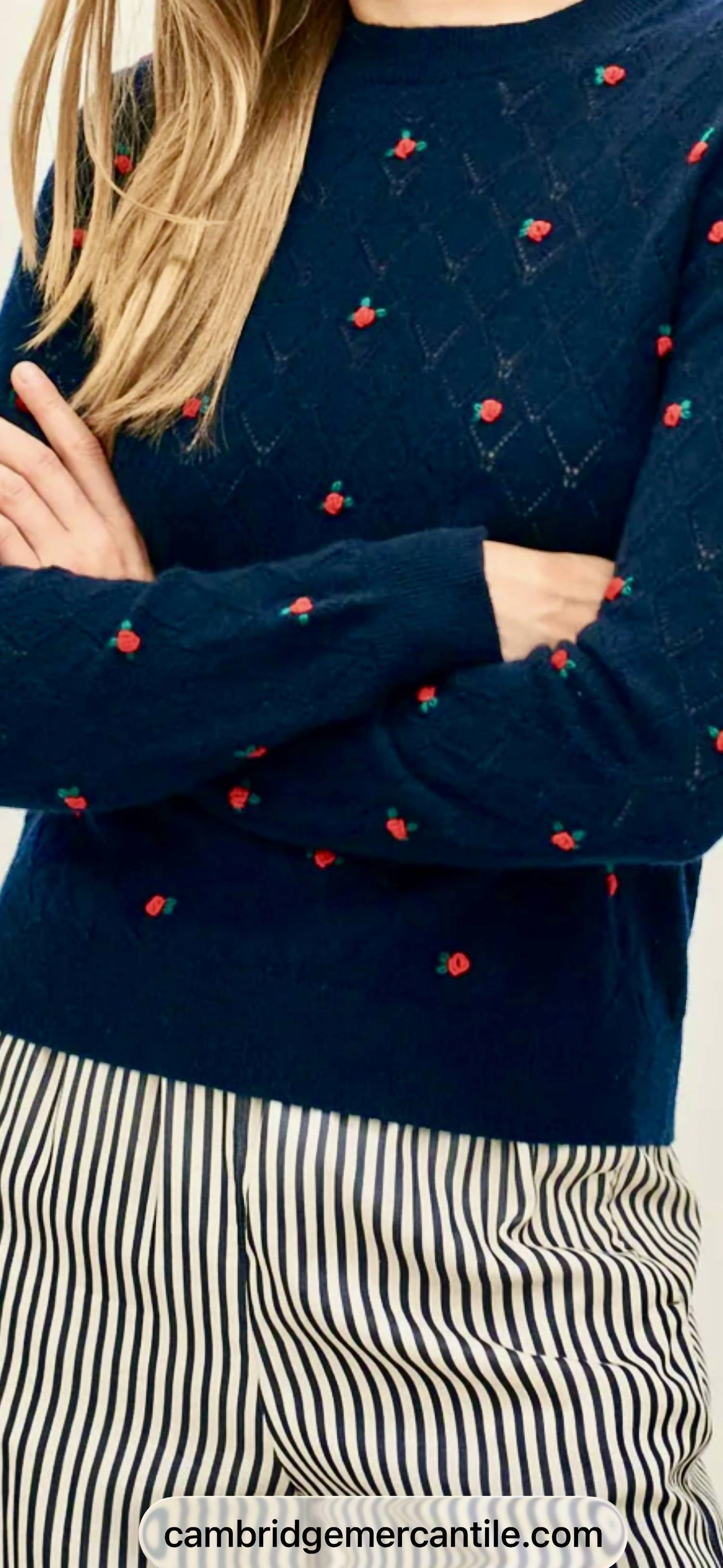 Jumper1234 Women's Fancy Floral Crew Jumper in v1_new navy_red_greeb - women's sweater - detail view