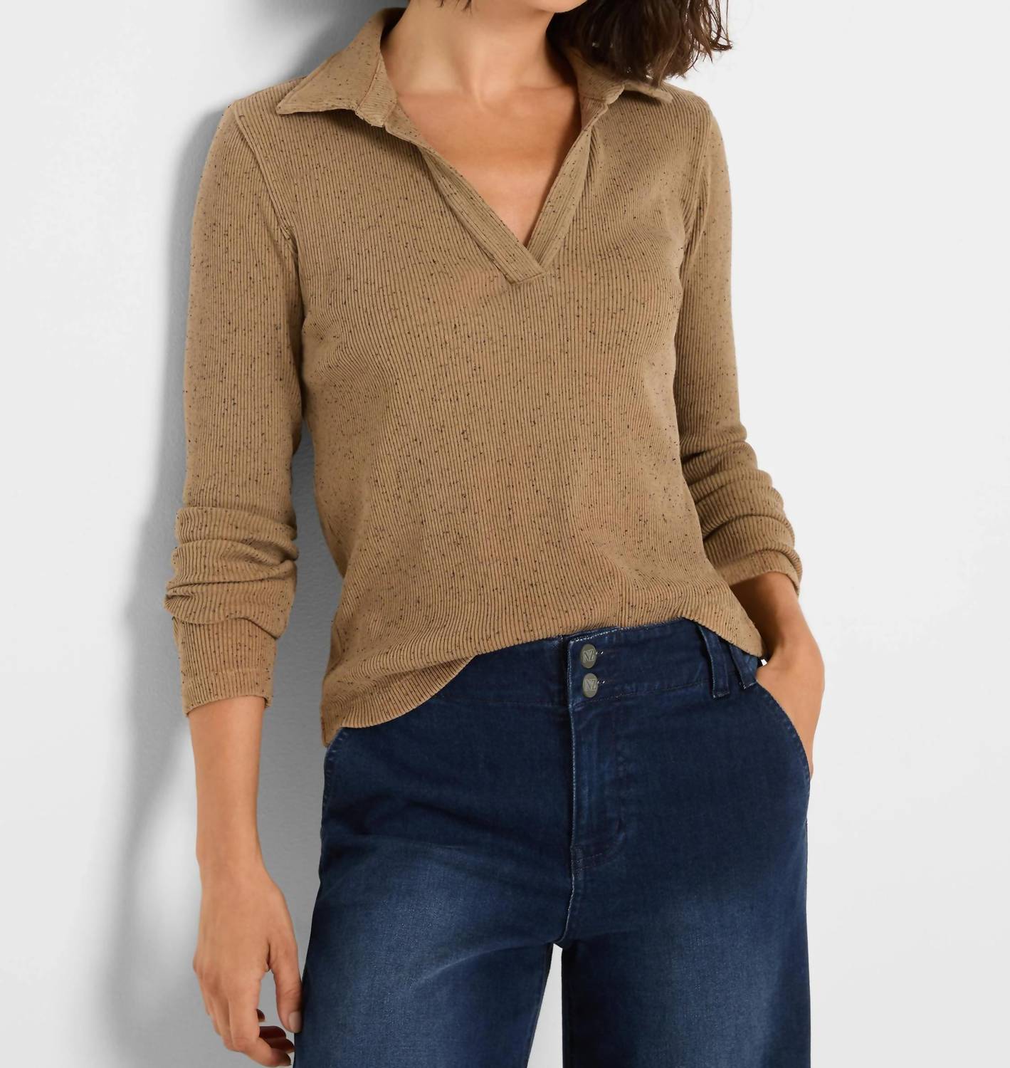 Nic + Zoe - Rib Long Sleeve Polo Top
