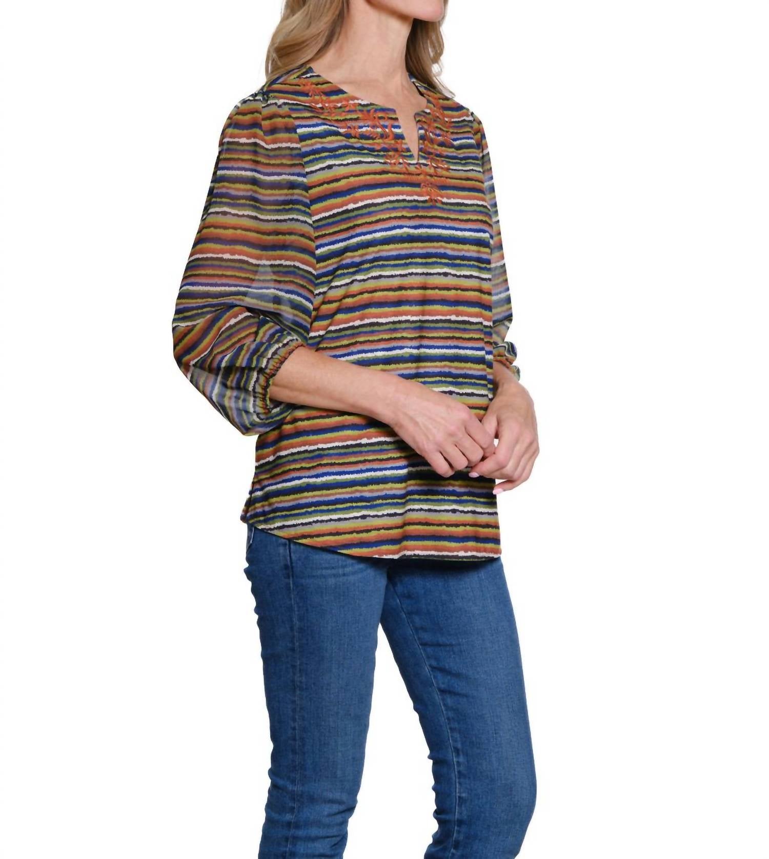 Multiples - Notch Neck Embroidered Top