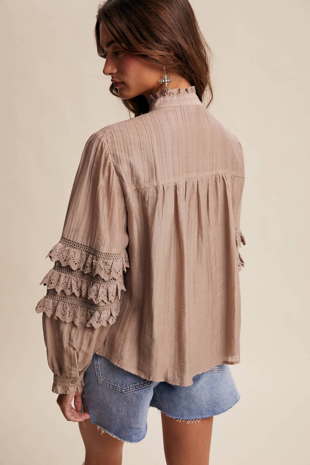 Listicle - Chey Ruffle Sleeve Pintuck Blouse