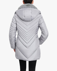 London Fog - Petite Zip-front Hooded Puffer Jacket With Button-off Fur Collar