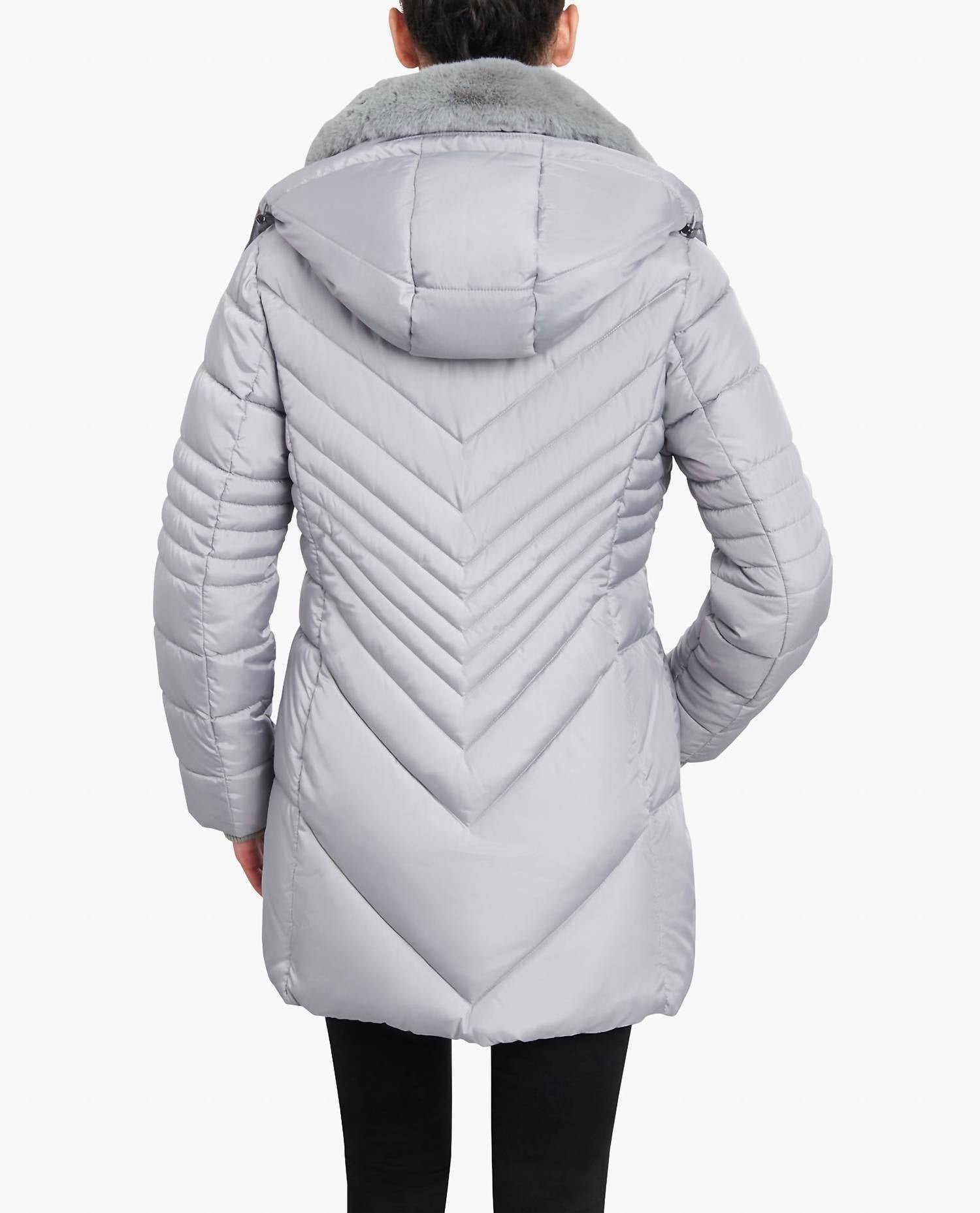 London Fog - Petite Zip-front Hooded Puffer Jacket With Button-off Fur Collar
