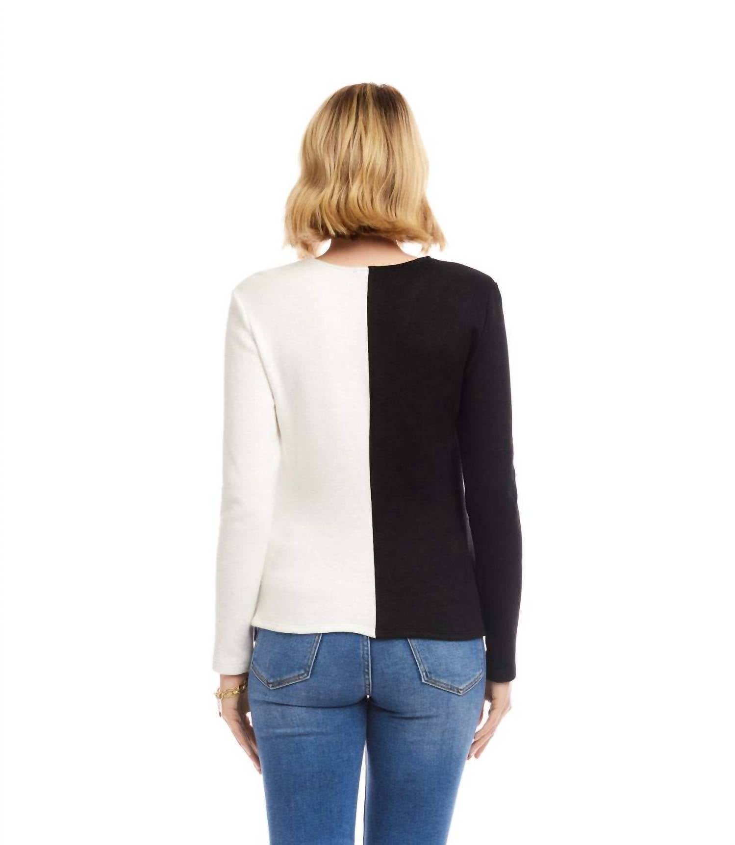 Karen Kane Long Sleeve Colorblock Satin Bow Top - Petite in black and ivory - women's blouse - view 5