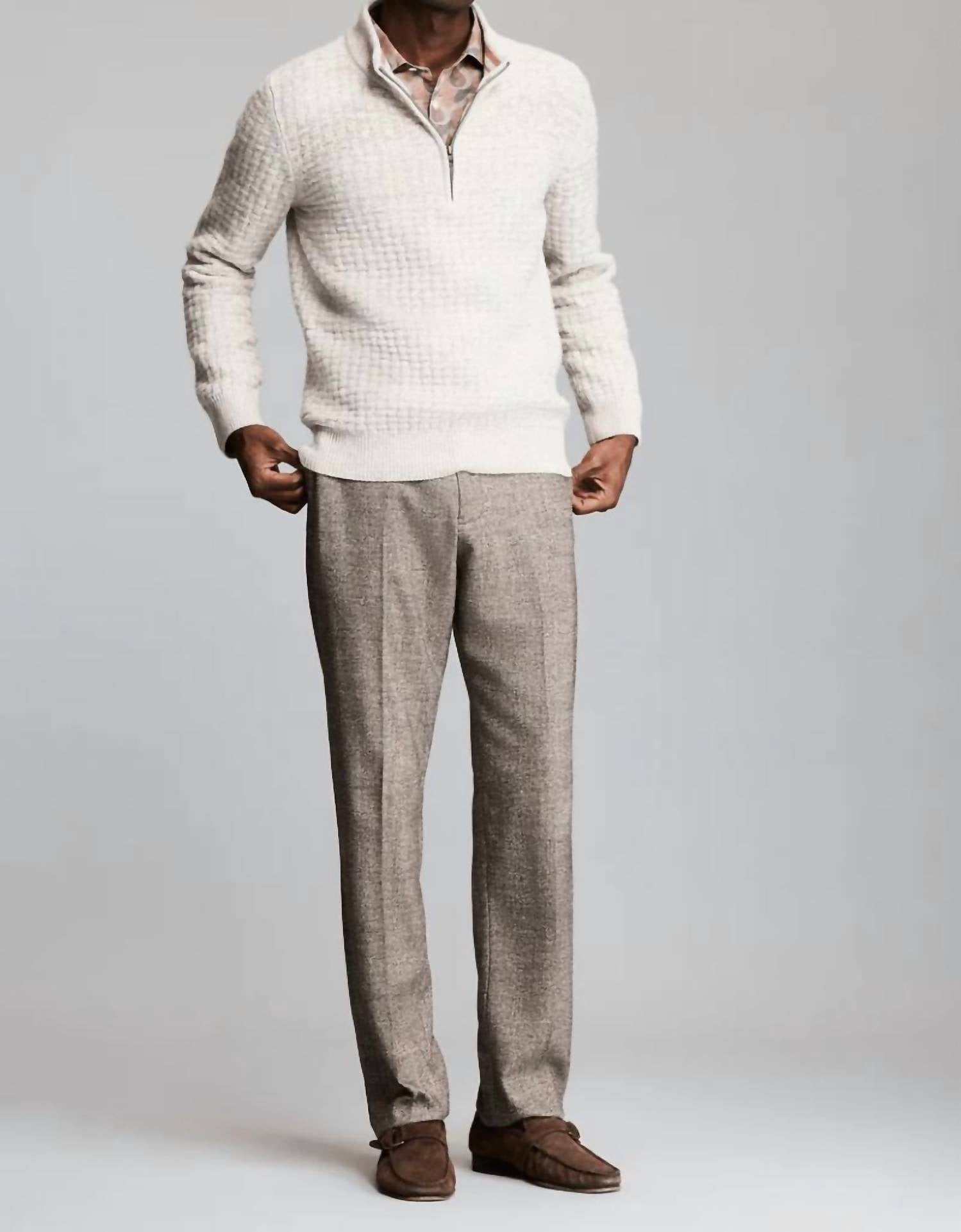 Billy Reid Basketweave Half Zip Sweater in oatmeal melange - men's sweater