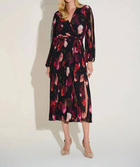 Joseph Ribkoff - Floral Pleated Chiffon Midi Wrap Dress