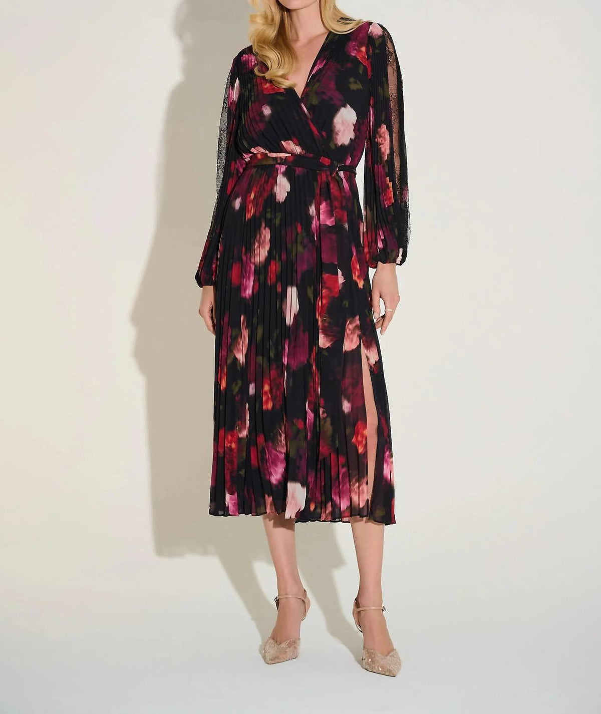 Joseph Ribkoff - Floral Pleated Chiffon Midi Wrap Dress