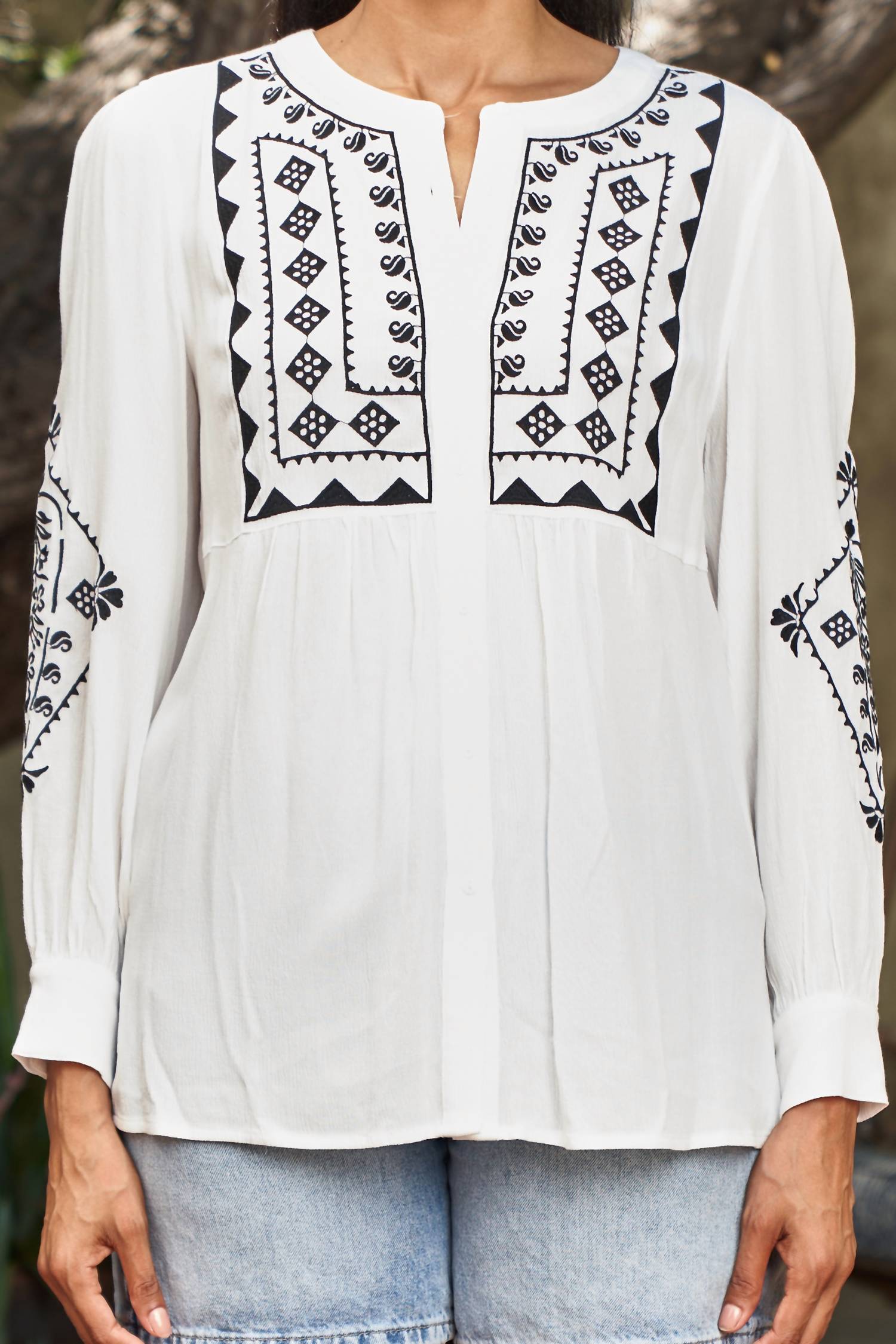 Paparazzi - Embroidered Rayon Crinkle Yoked Blouse