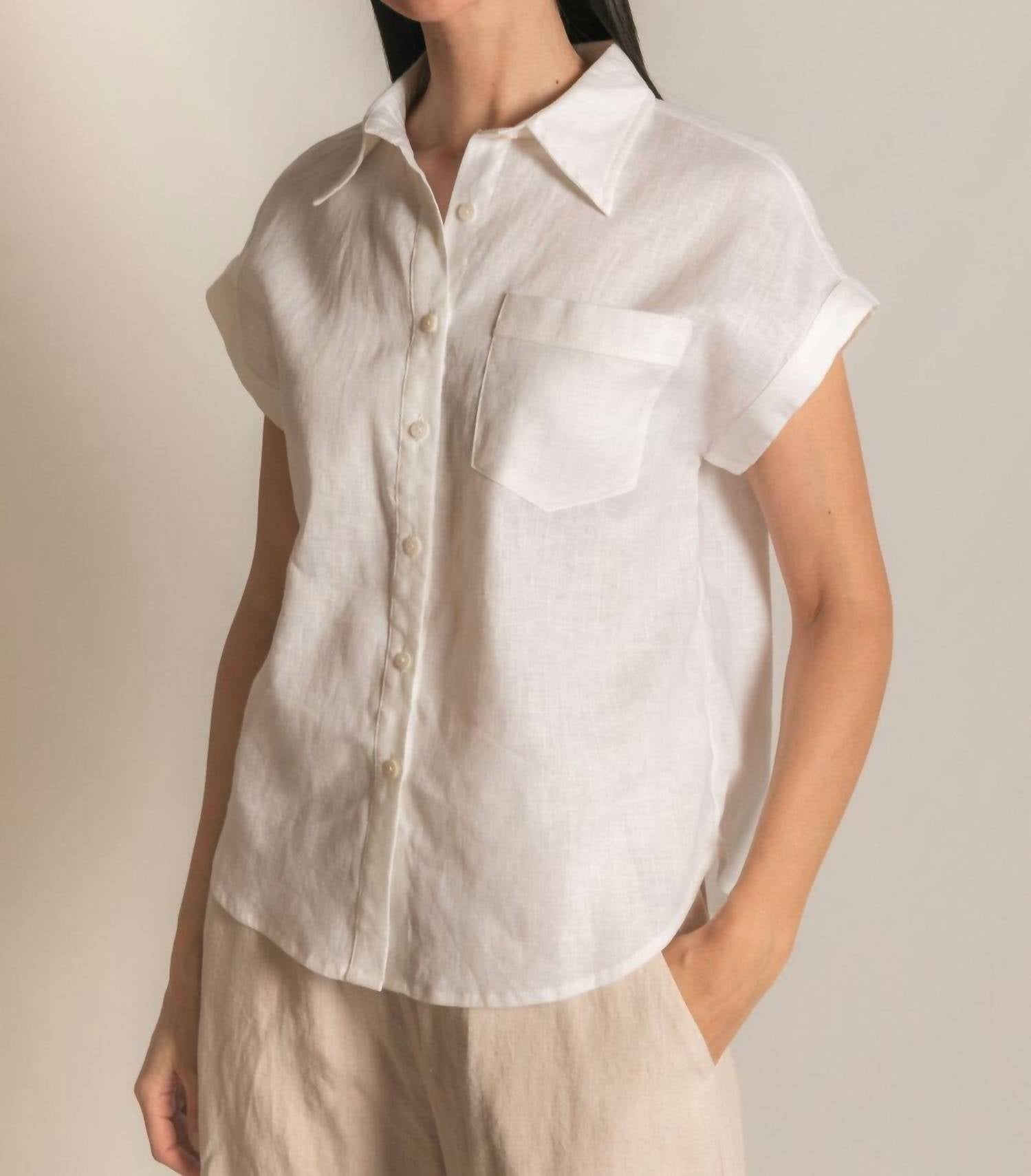 P.CILL Linen Relaxed Short Sleeve Button Up Shirt in white - women's shirt - view 4