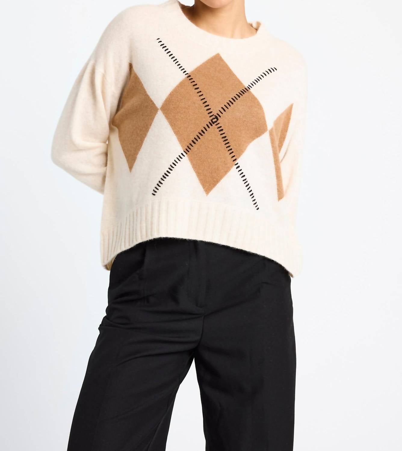 Brodie Cashmere Relaxed Argyle Top in antique white chestnut black - women's sweater - alternate view