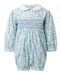 Rachel Riley Floral Smocked Babysuit in blue multi - kids' item - detail view