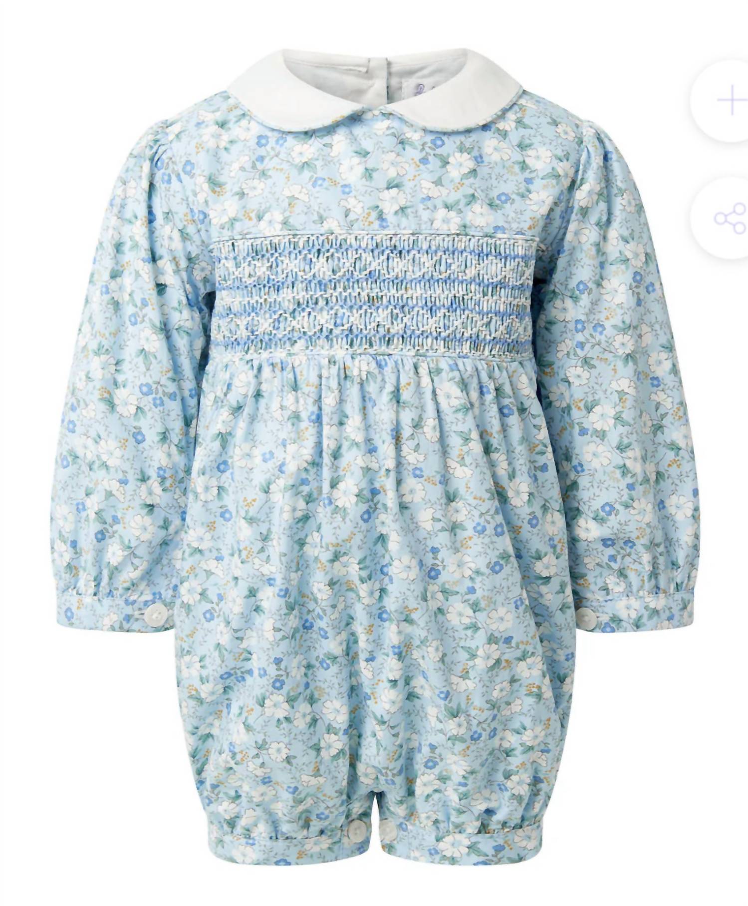 Rachel Riley Floral Smocked Babysuit in blue multi - kids' item - detail view