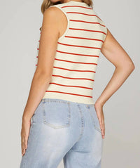 She + Sky - Sleeveless Button Striped Knit Sweater Vest