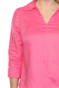 Joseph Ribkoff Collared V-neck 3/4 Sleeve Linen Top in bubble gum - women's blouse - view 5