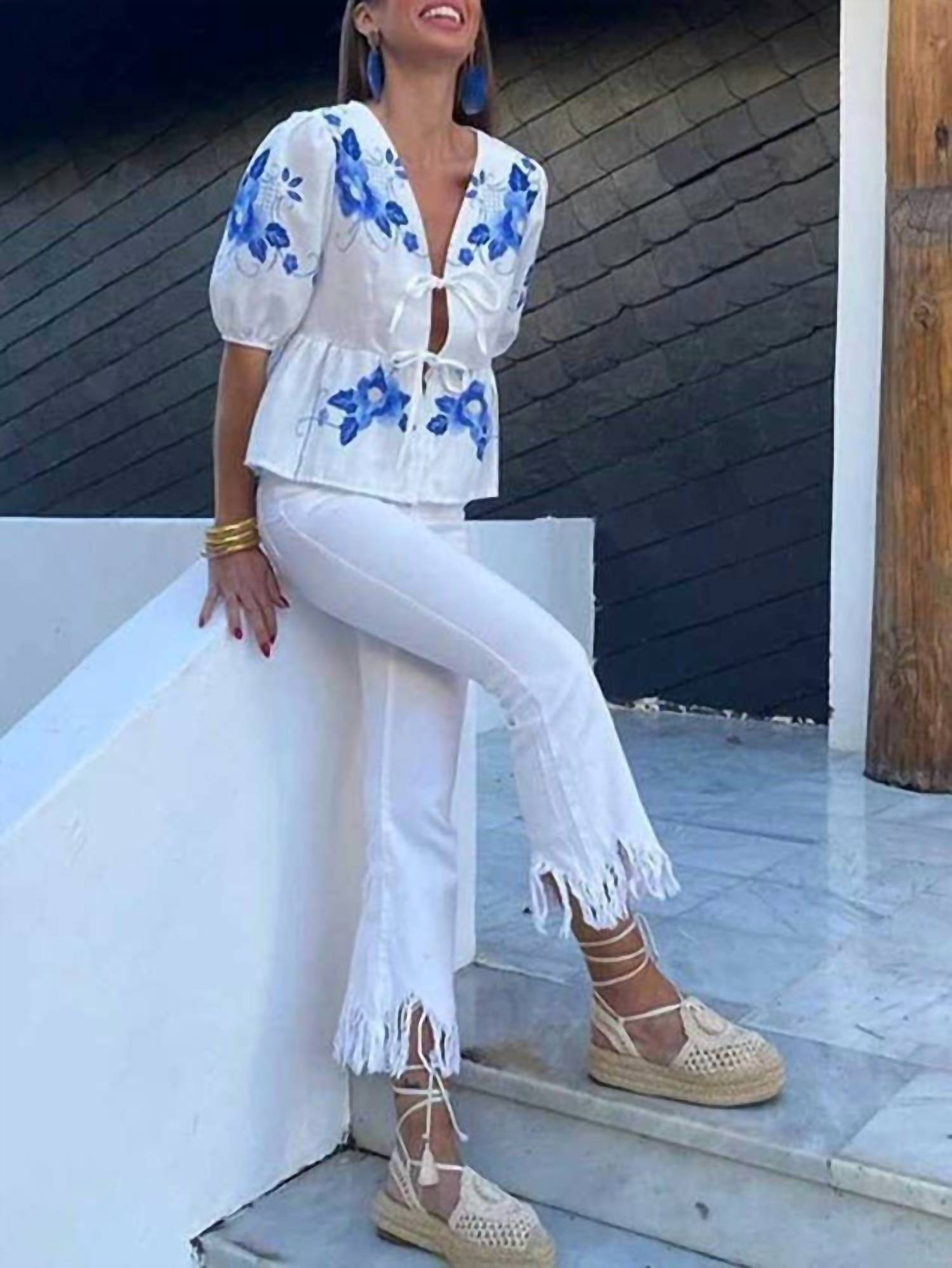 Rosa Clothing - Floral Front Tie Blouse
