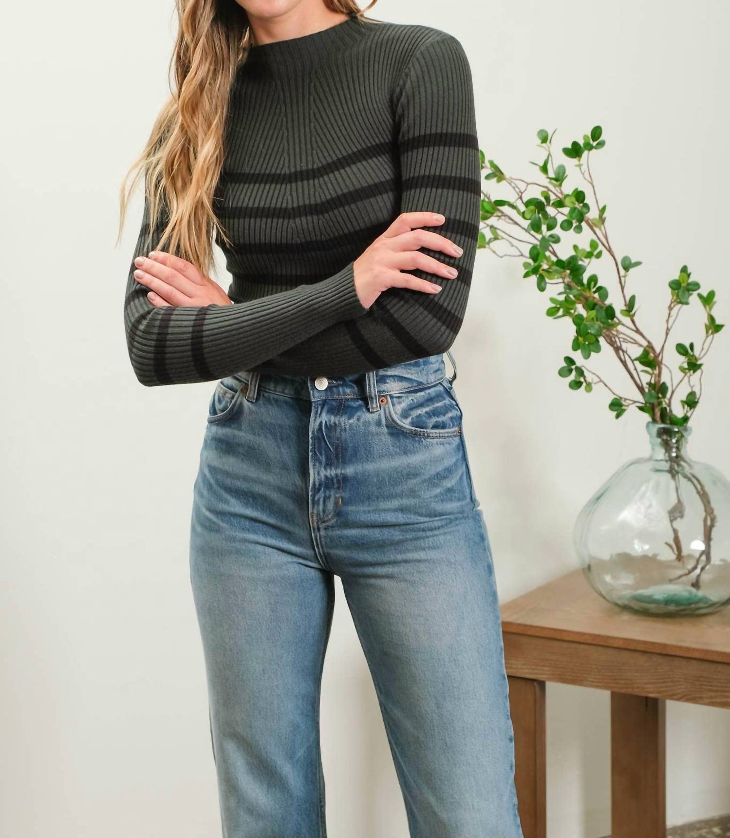 The Workshop Studio - STRIPE MOCK NECK LONG SLEEVE KNIT SWEATER