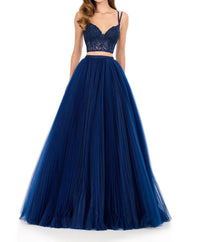ASHLEYlauren Structured Lace Crop Gown With Tulle Skirt in navy - women's dress