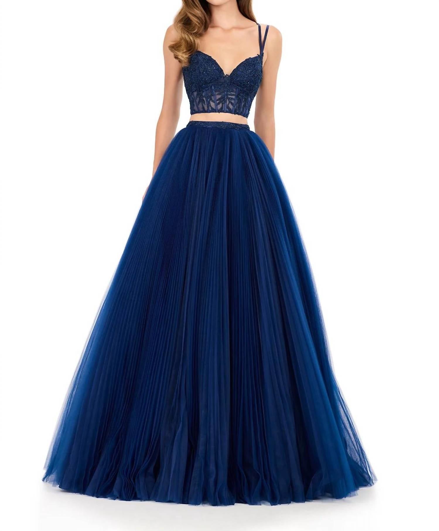 ASHLEYlauren Structured Lace Crop Gown With Tulle Skirt in navy - women's dress