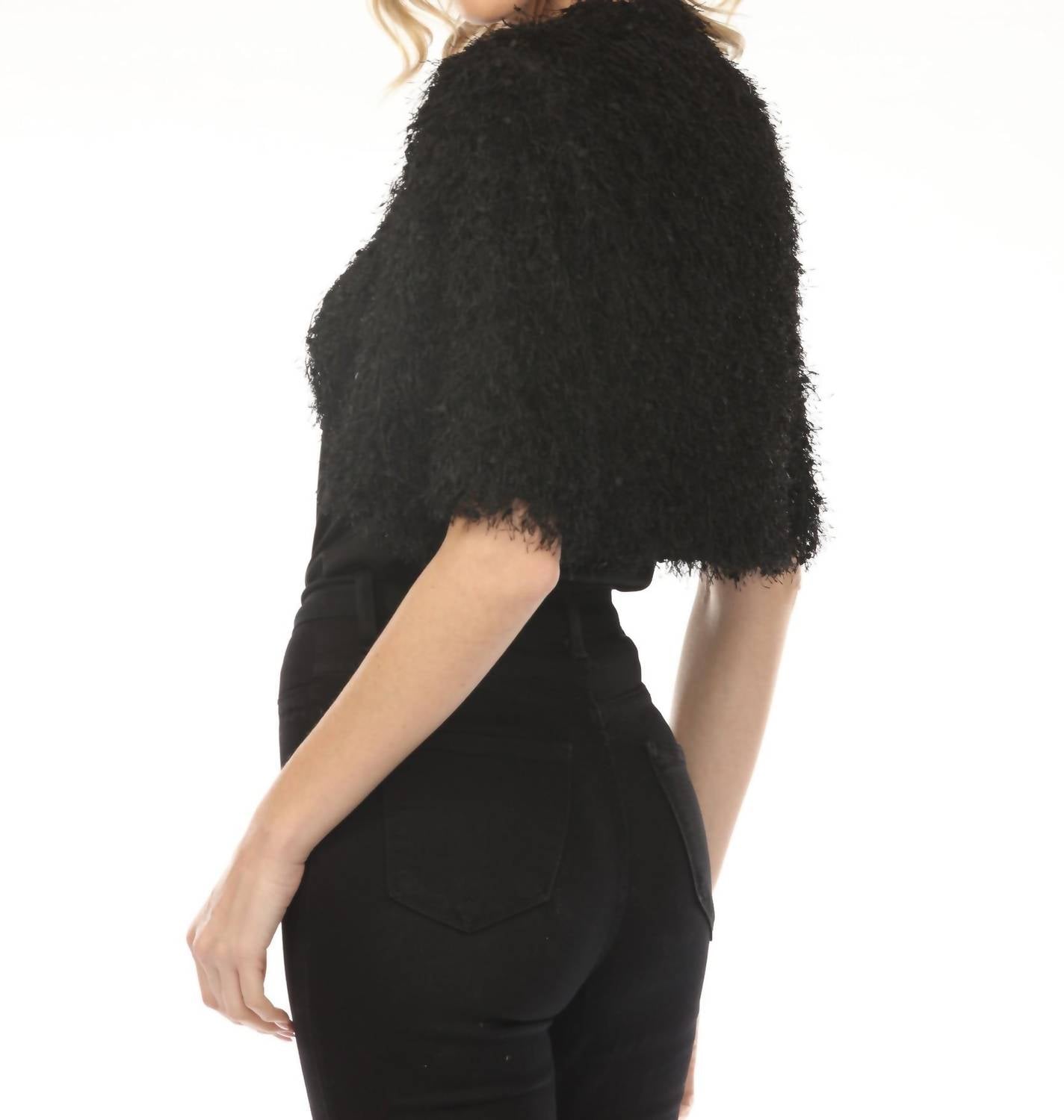 Joseph Ribkoff Fringe Open Front Bolero Jacket in black - women's jacket - detail view