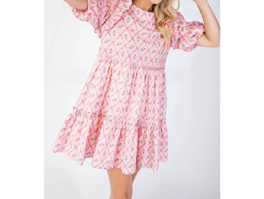 Bns - Printed Puff Sleeves Mini Ruffle Dress