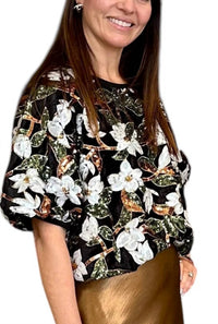 THML Holly Floral Sequin Top in black multi - women's blouse - alternate view