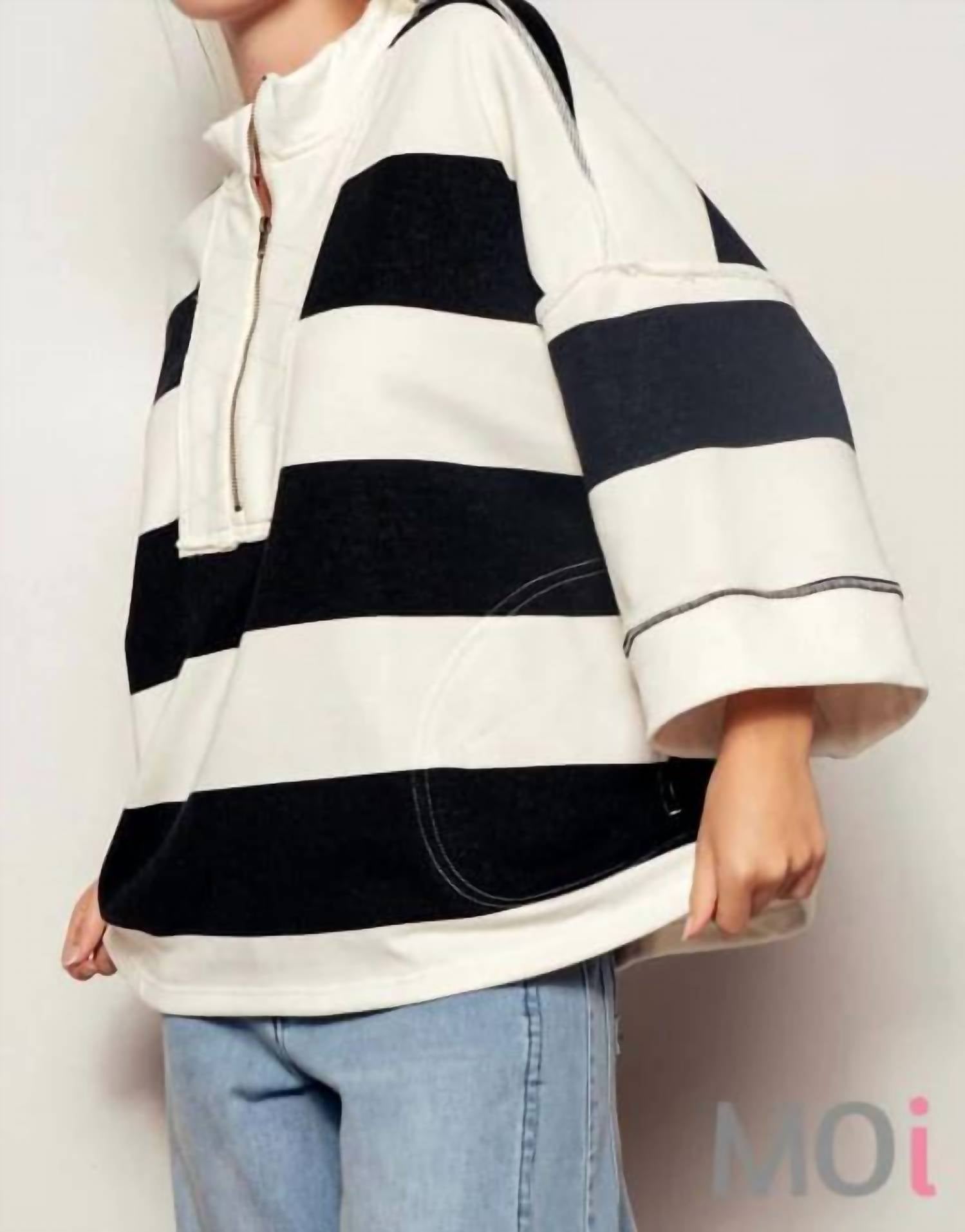 Urban Daizy - Oversized Half Zip Bold Stripe Statement Pullover Sweatshirt