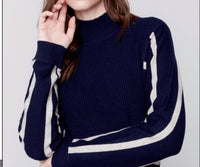 CHARLIE B Cowl Neck Stripe Arm Sweater in navy - women's sweater - alternate view