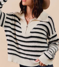 So Me - Cable Knit Stripe Zip Up Sweater