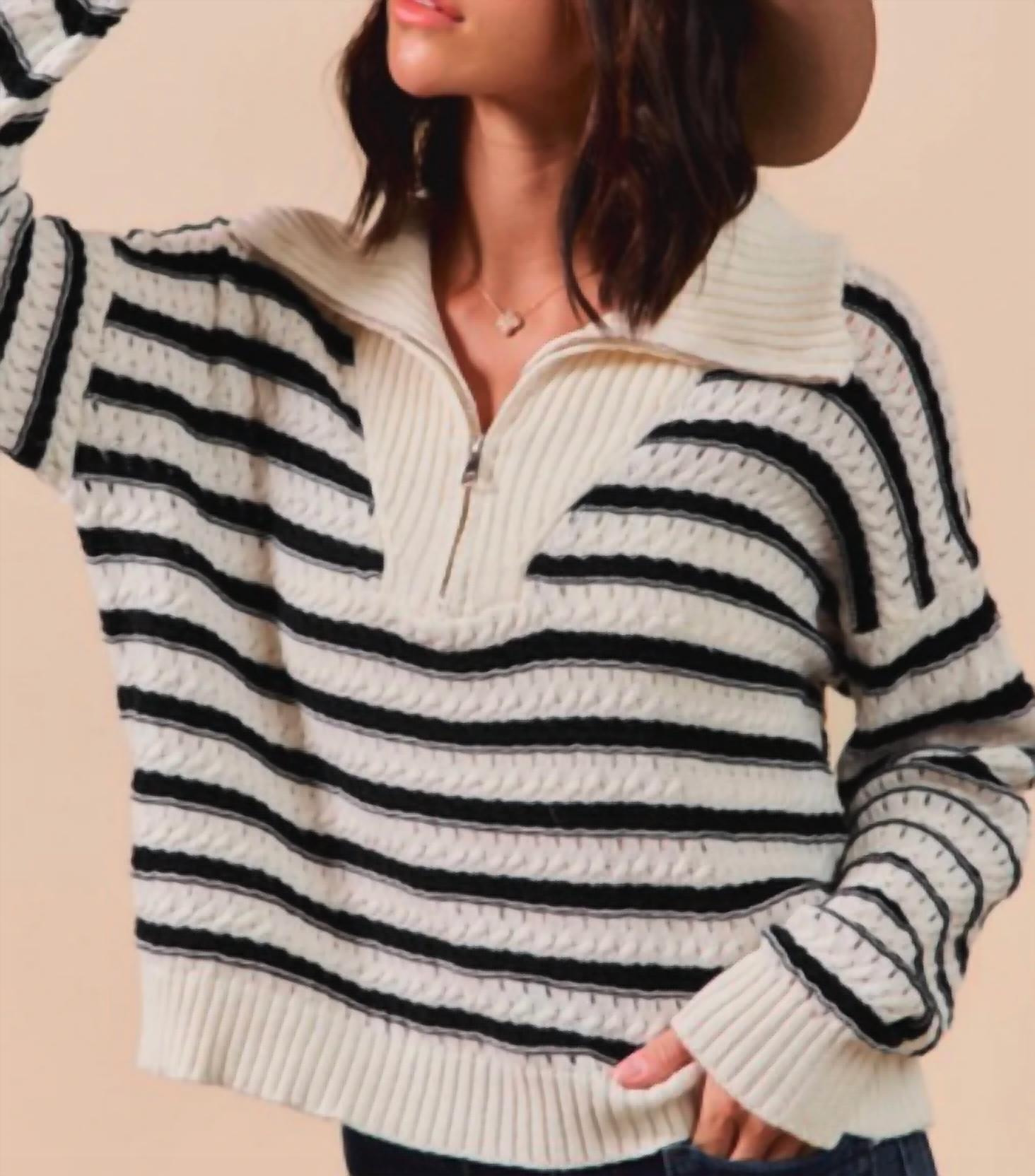So Me - Cable Knit Stripe Zip Up Sweater
