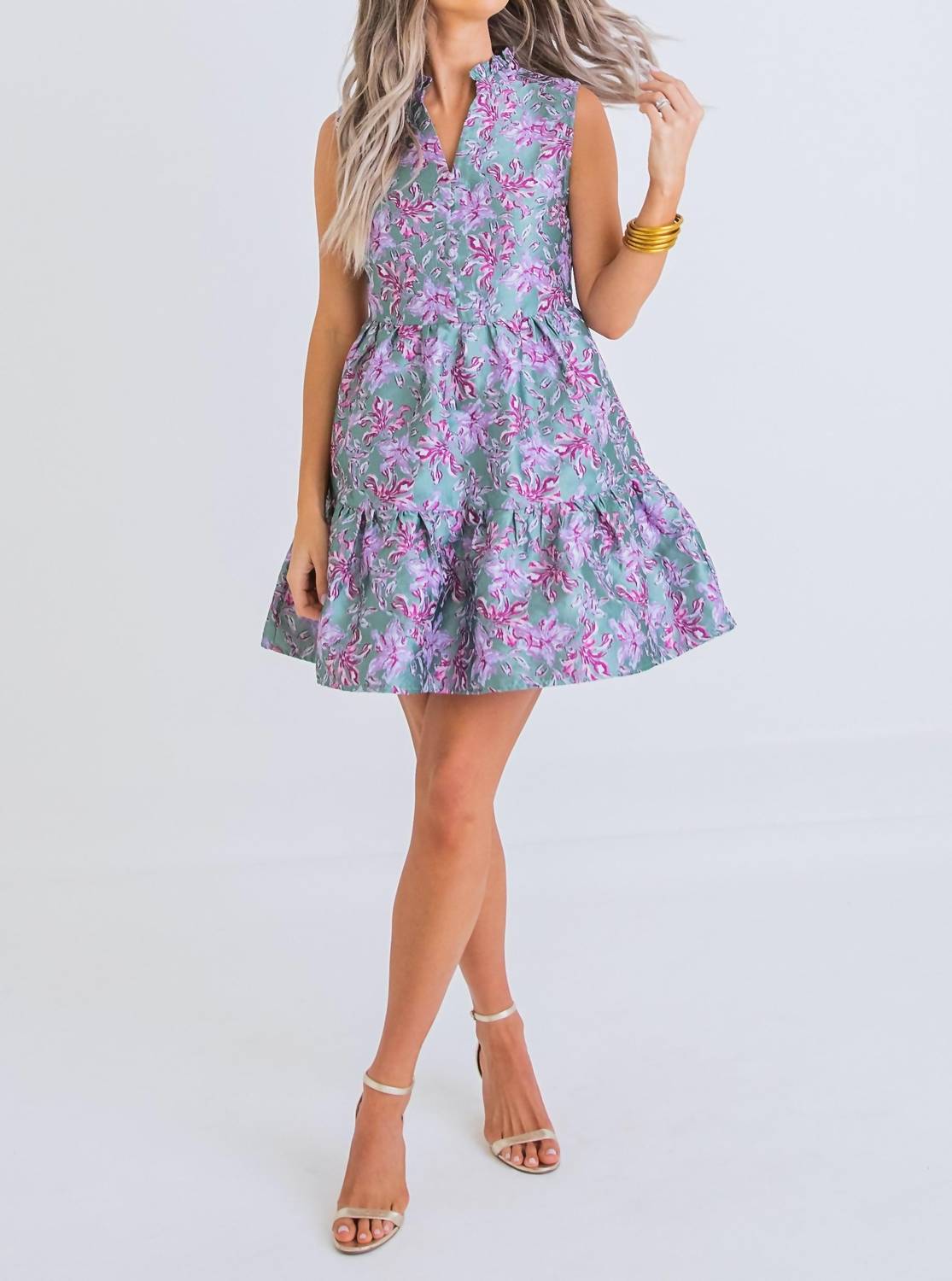 Karlie Floral Tier Tapestry Dress in green purple - women's dress