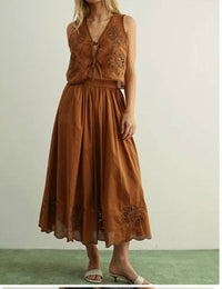 MIOU MUSE Embroidered Long Full Skirt in brown - women's skirt - view 4